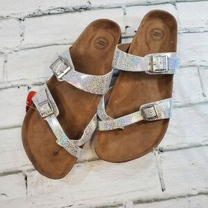 wonder nation Holographic Silver Multi-Color Strappy Slide Sandals